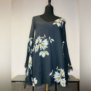 Free People Navy Blue Floral Print Long Sleeve Kimono Dress S:XS